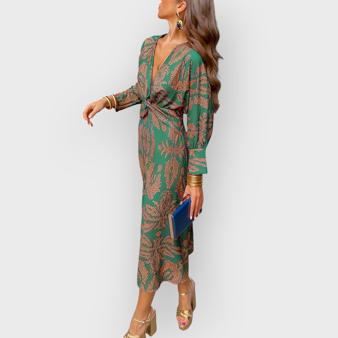 Blue Floral Midi Dress V-Neck Long Sleeve