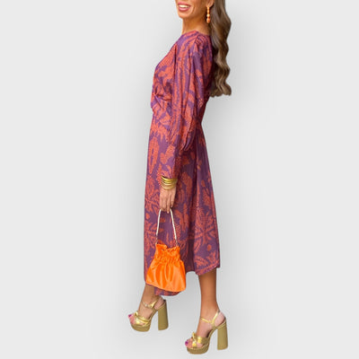 Blue Floral Midi Dress V-Neck Long Sleeve