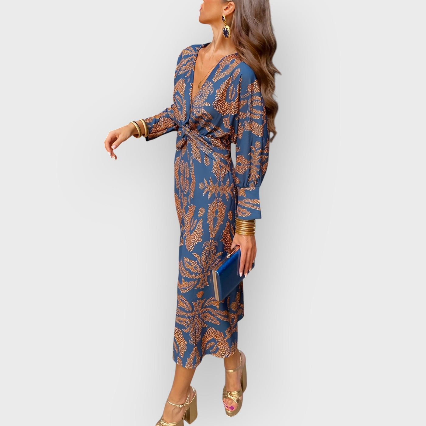 Blue Floral Midi Dress V-Neck Long Sleeve