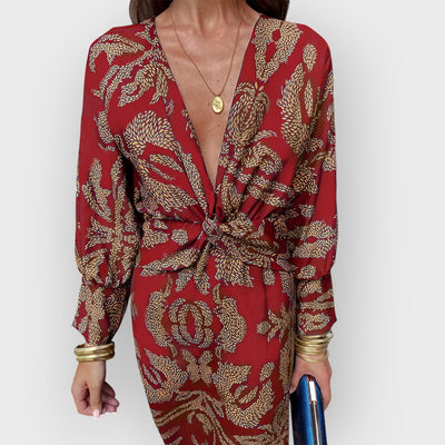 Blue Floral Midi Dress V-Neck Long Sleeve