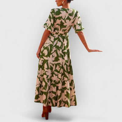 V-Neck Short-Sleeved Slit Printed Maxi Dress