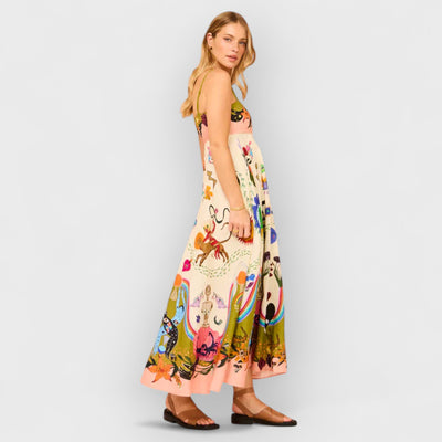 Unique Holiday Print Halter Back Pocket Maxi Dress