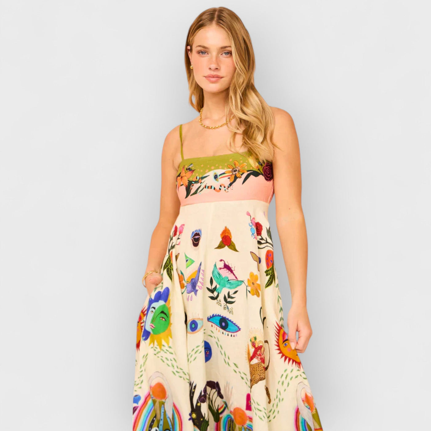 Unique Holiday Print Halter Back Pocket Maxi Dress