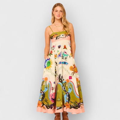 Unique Holiday Print Halter Back Pocket Maxi Dress