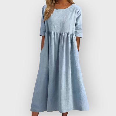 Harper Breathable Vintage Midi Dress with Pleated Design