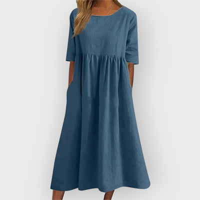 Harper Breathable Vintage Midi Dress with Pleated Design
