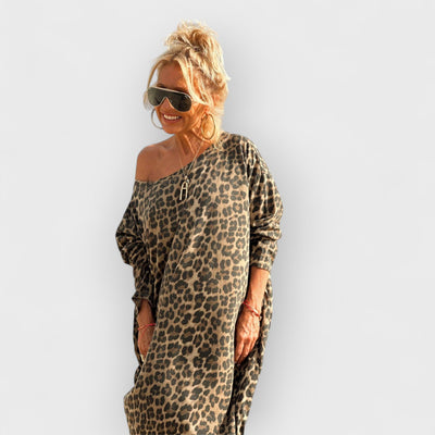 Camel Leopard Oversize Long Sleeve Dress