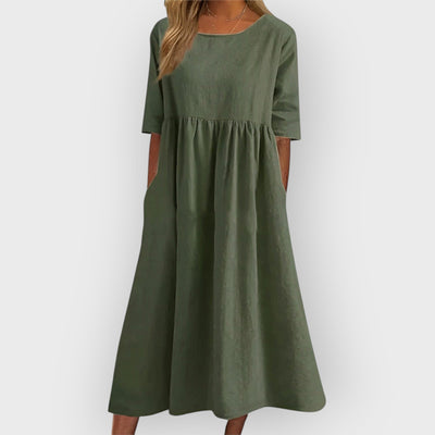 Harper Breathable Vintage Midi Dress with Pleated Design