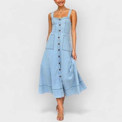 Denim Suspender Casual Button Midi Dress