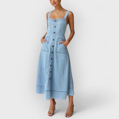 Denim Suspender Casual Button Midi Dress