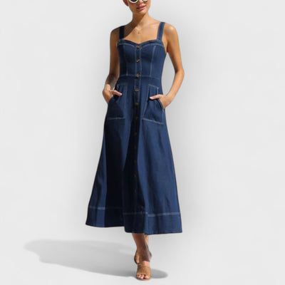 Denim Suspender Casual Button Midi Dress