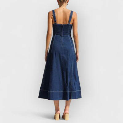 Denim Suspender Casual Button Midi Dress