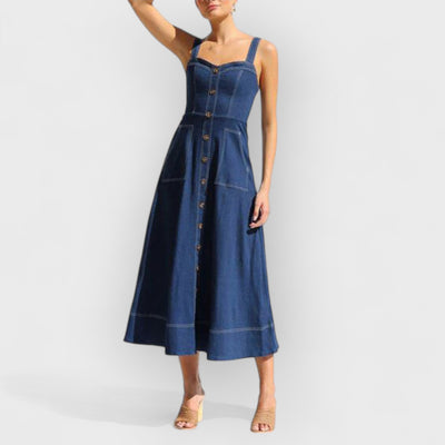 Denim Suspender Casual Button Midi Dress
