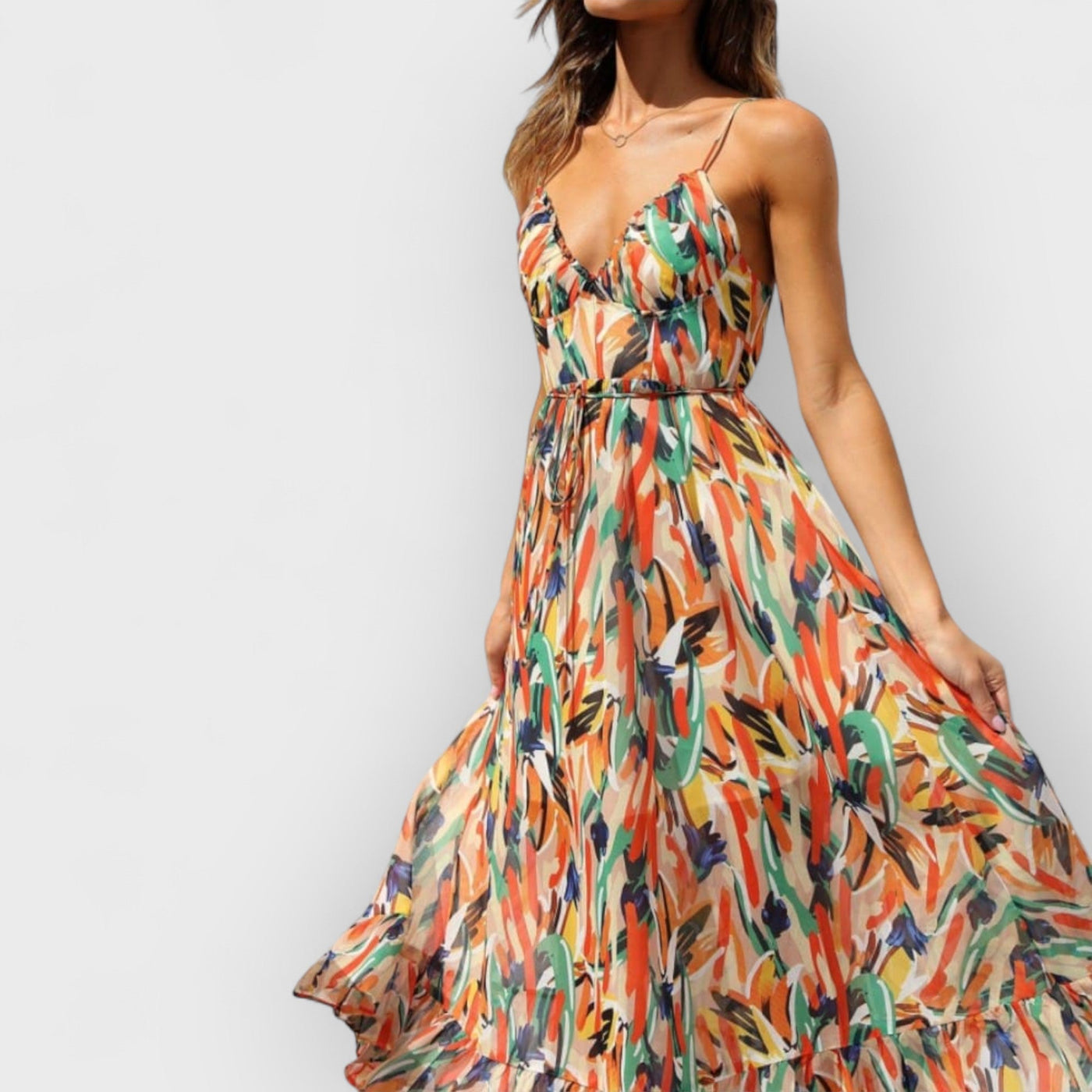 Floral Ruffle-Trim Midi Tank Dress