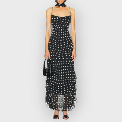 Black And Cream Polka Dot Ruffle Maxi Dress