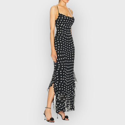 Black And Cream Polka Dot Ruffle Maxi Dress