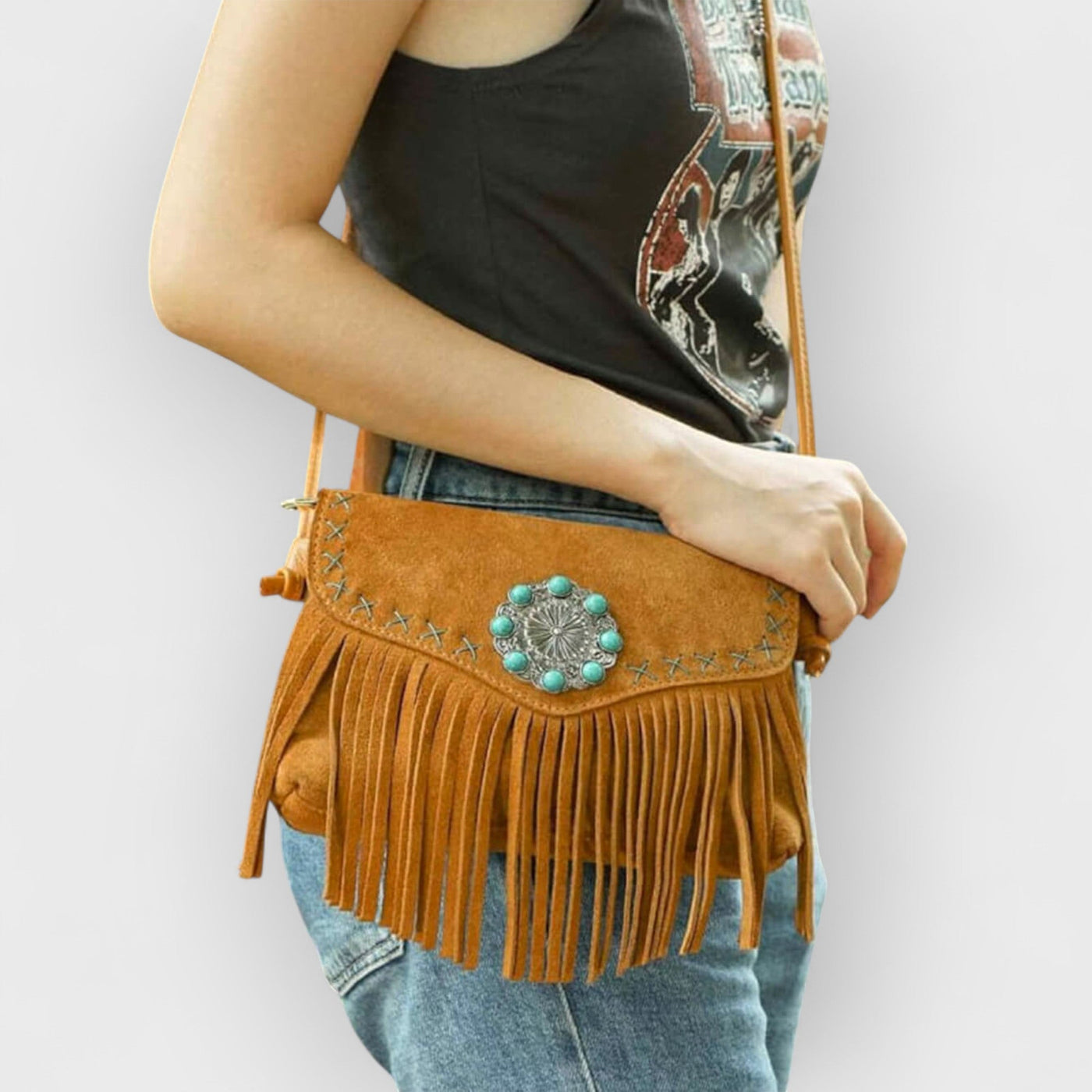 Turquoise Concho Magnetic Closure Flap Leather Bag
