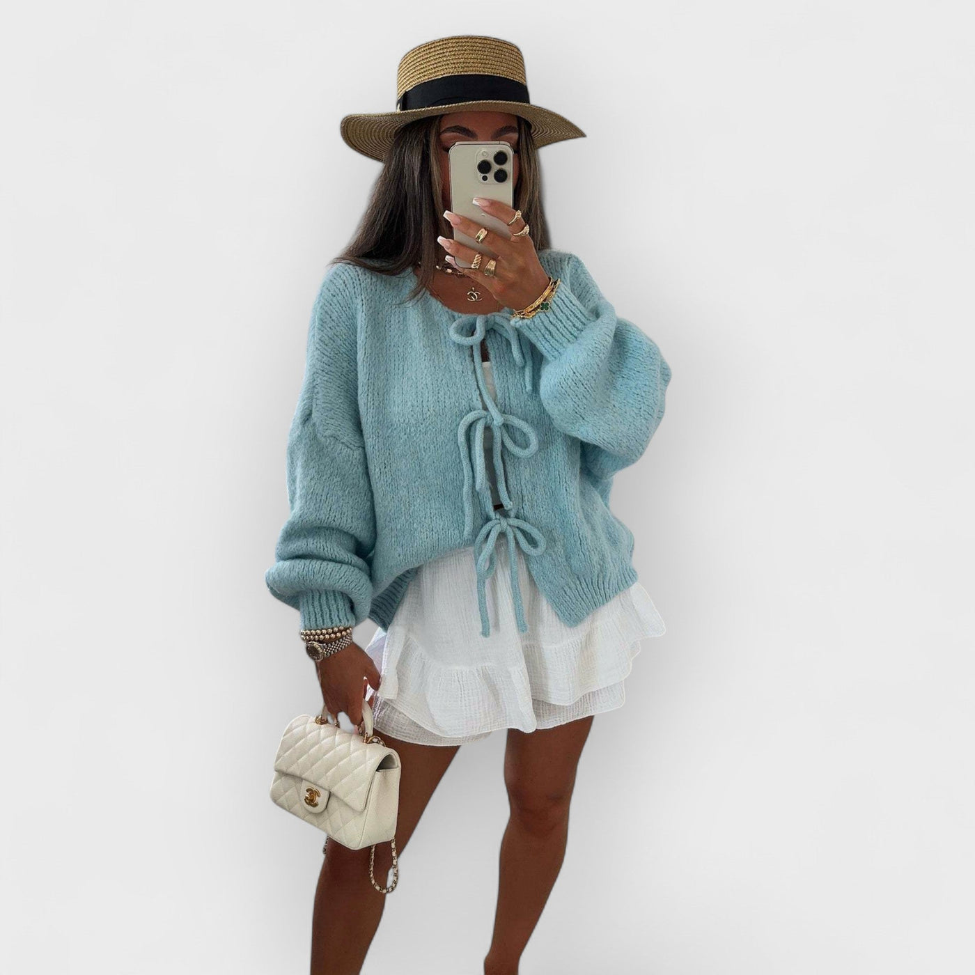 Solid Color Crew Neck Lace-Up Cardigan