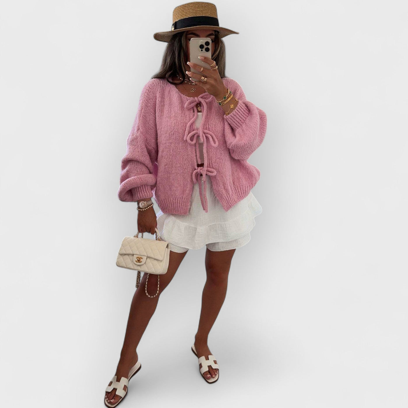 Solid Color Crew Neck Lace-Up Cardigan