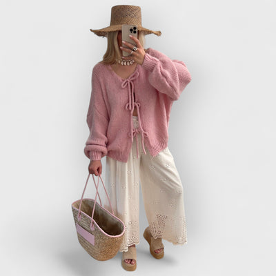 Solid Color Crew Neck Lace-Up Cardigan