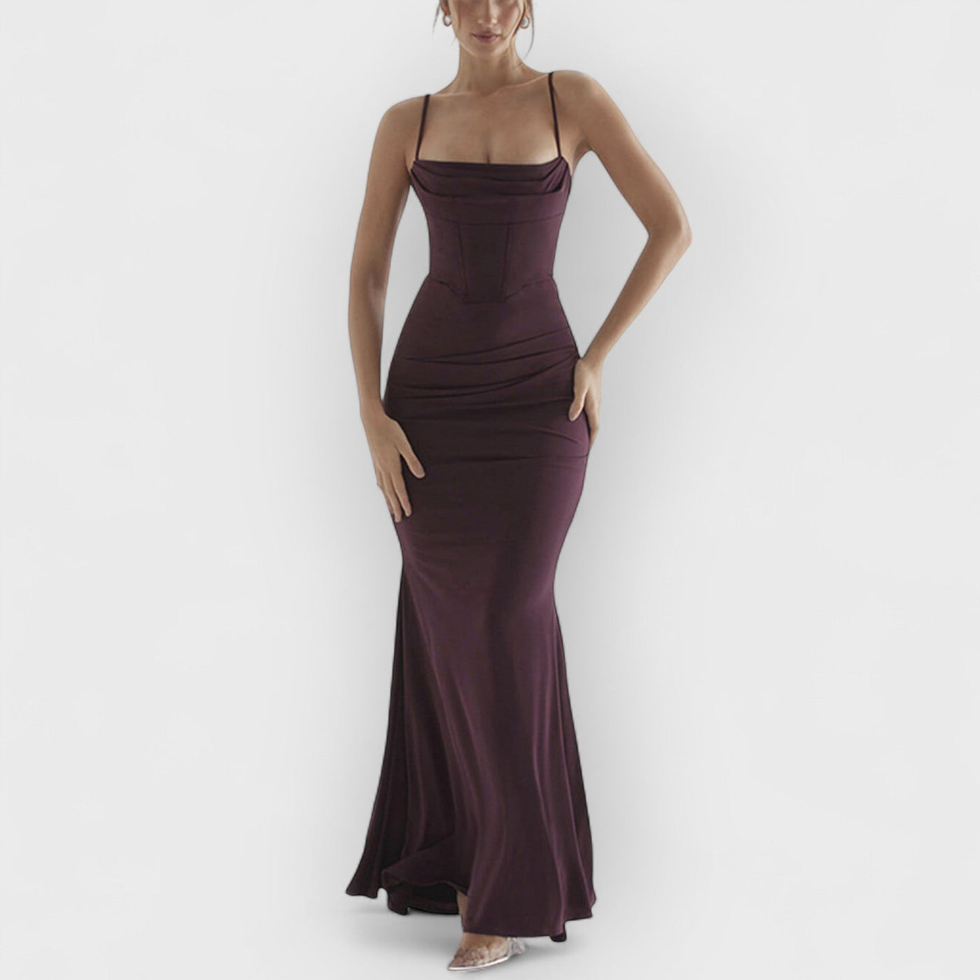 Square Neck Ruched Corset Fishtail Evening Maxi Dress