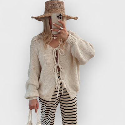 Solid Color Crew Neck Lace-Up Cardigan