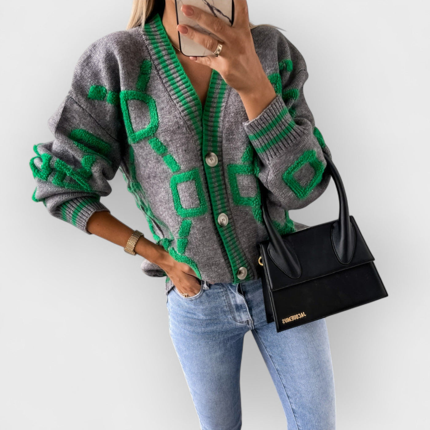 V-Neck Casual Color Contrast Knit Cardigan
