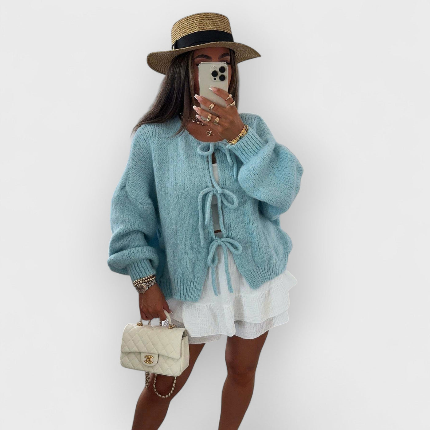 Solid Color Crew Neck Lace-Up Cardigan