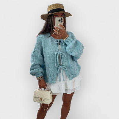 Solid Color Crew Neck Lace-Up Cardigan