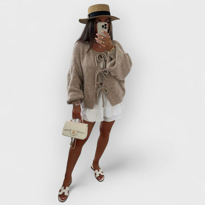 Solid Color Crew Neck Lace-Up Cardigan