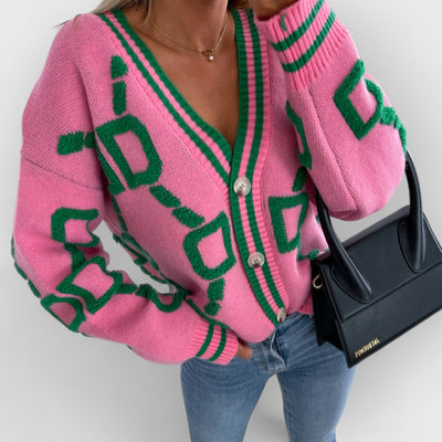V-Neck Casual Color Contrast Knit Cardigan
