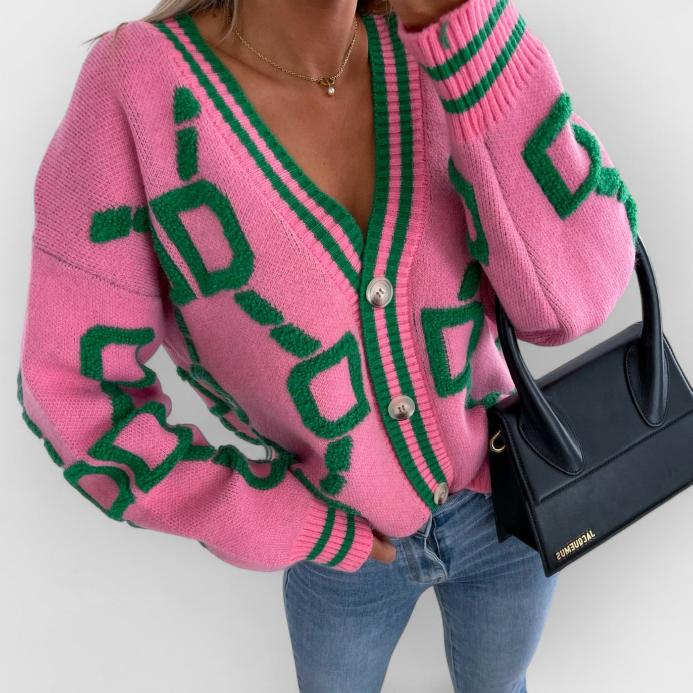 V-Neck Casual Color Contrast Knit Cardigan