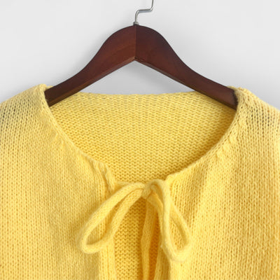 Solid Color Crew Neck Lace-Up Cardigan