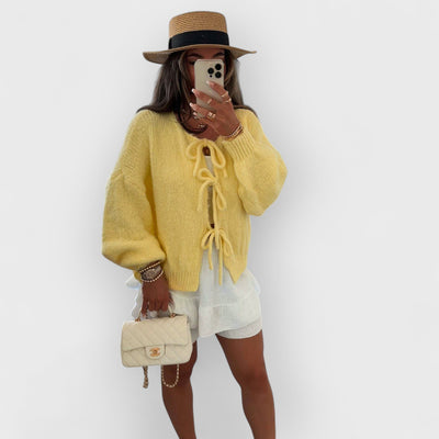 Solid Color Crew Neck Lace-Up Cardigan