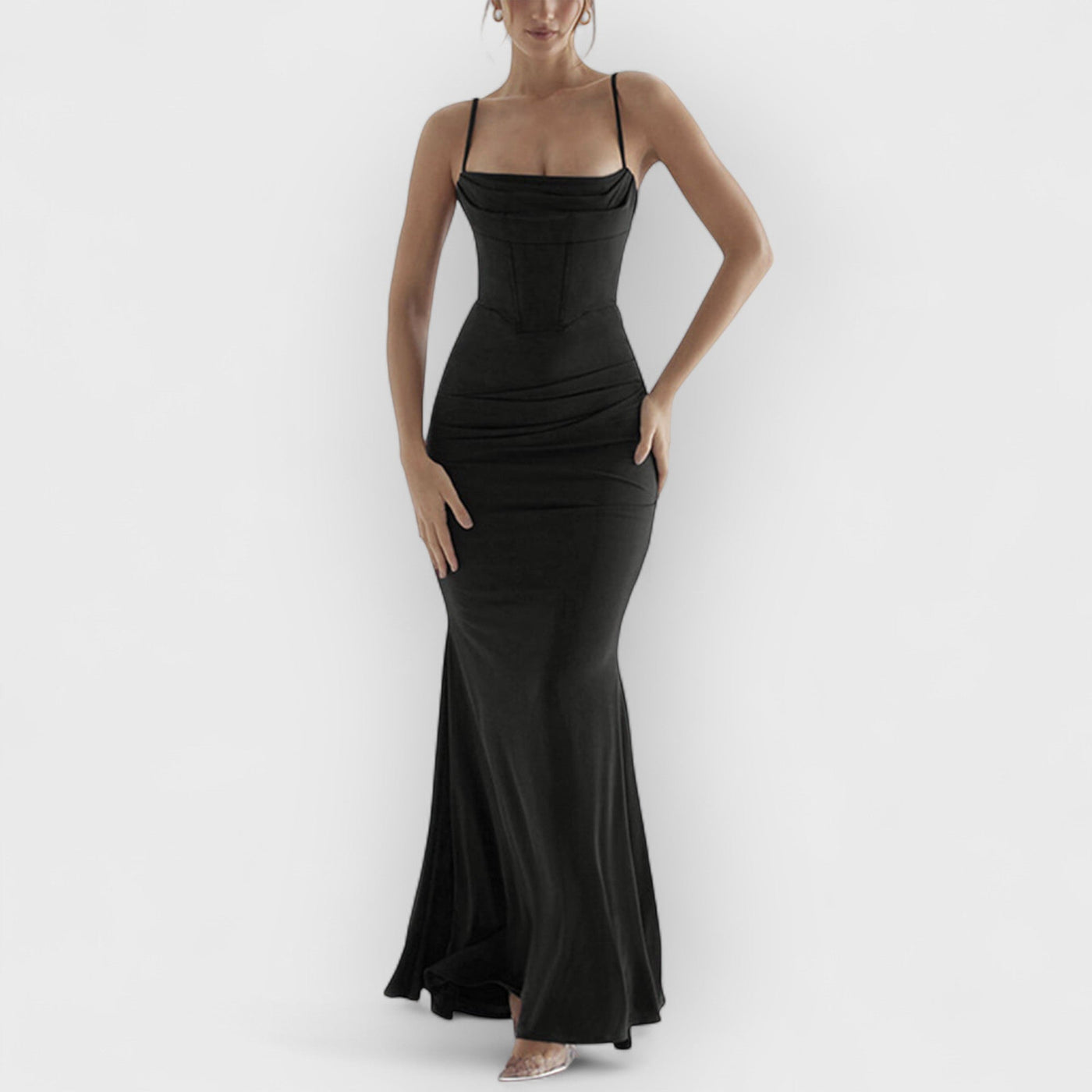 Square Neck Ruched Corset Fishtail Evening Maxi Dress
