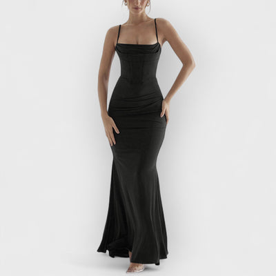 Square Neck Ruched Corset Fishtail Evening Maxi Dress