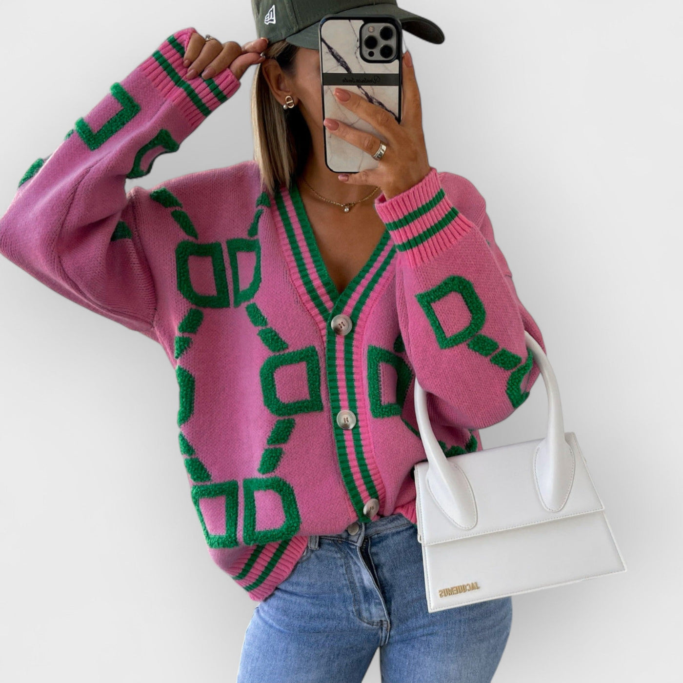 V-Neck Casual Color Contrast Knit Cardigan