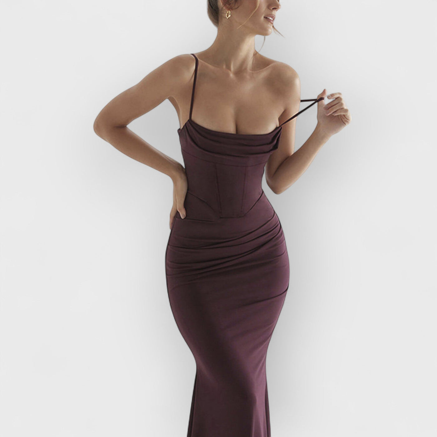 Square Neck Ruched Corset Fishtail Evening Maxi Dress