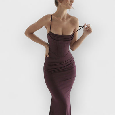 Square Neck Ruched Corset Fishtail Evening Maxi Dress