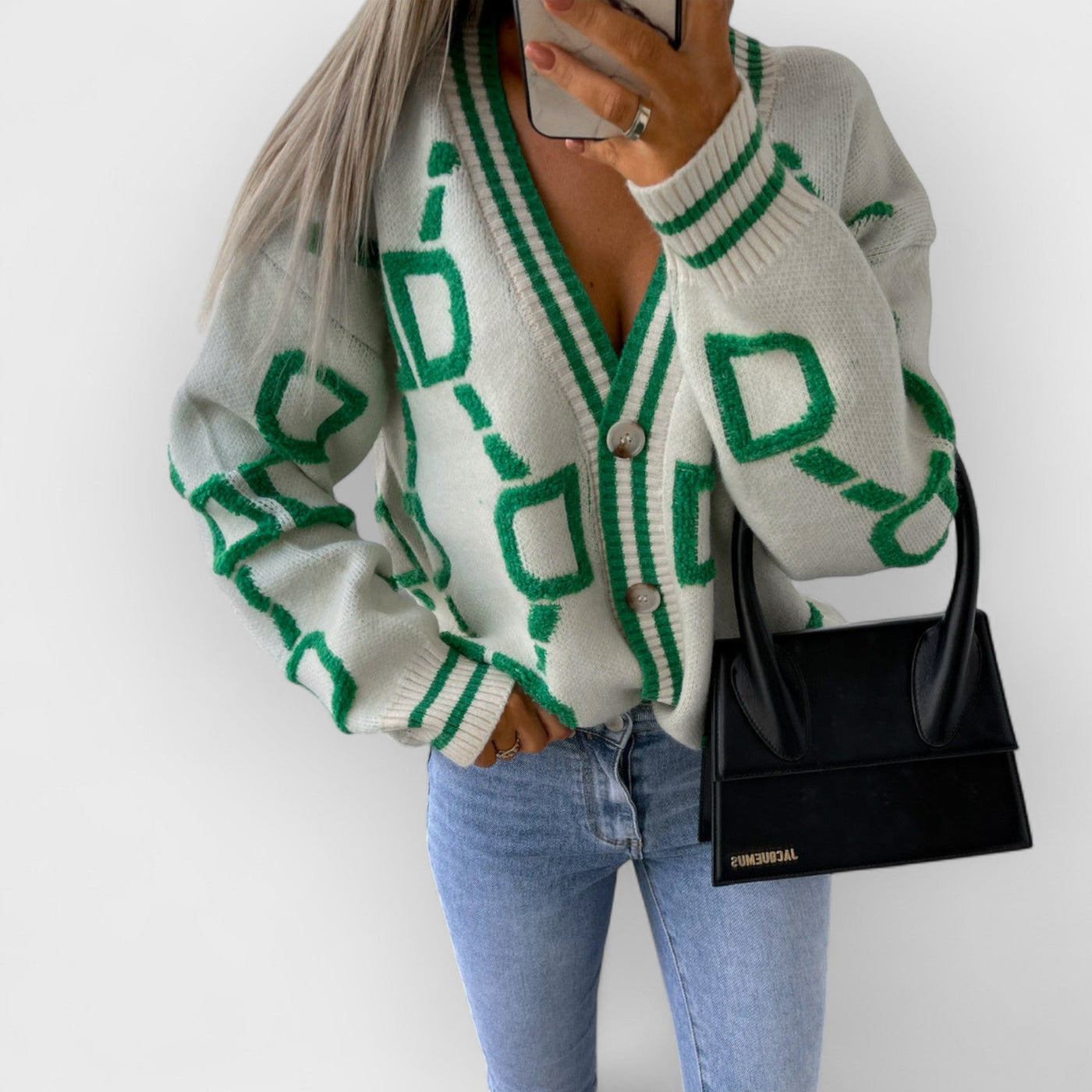 V-Neck Casual Color Contrast Knit Cardigan