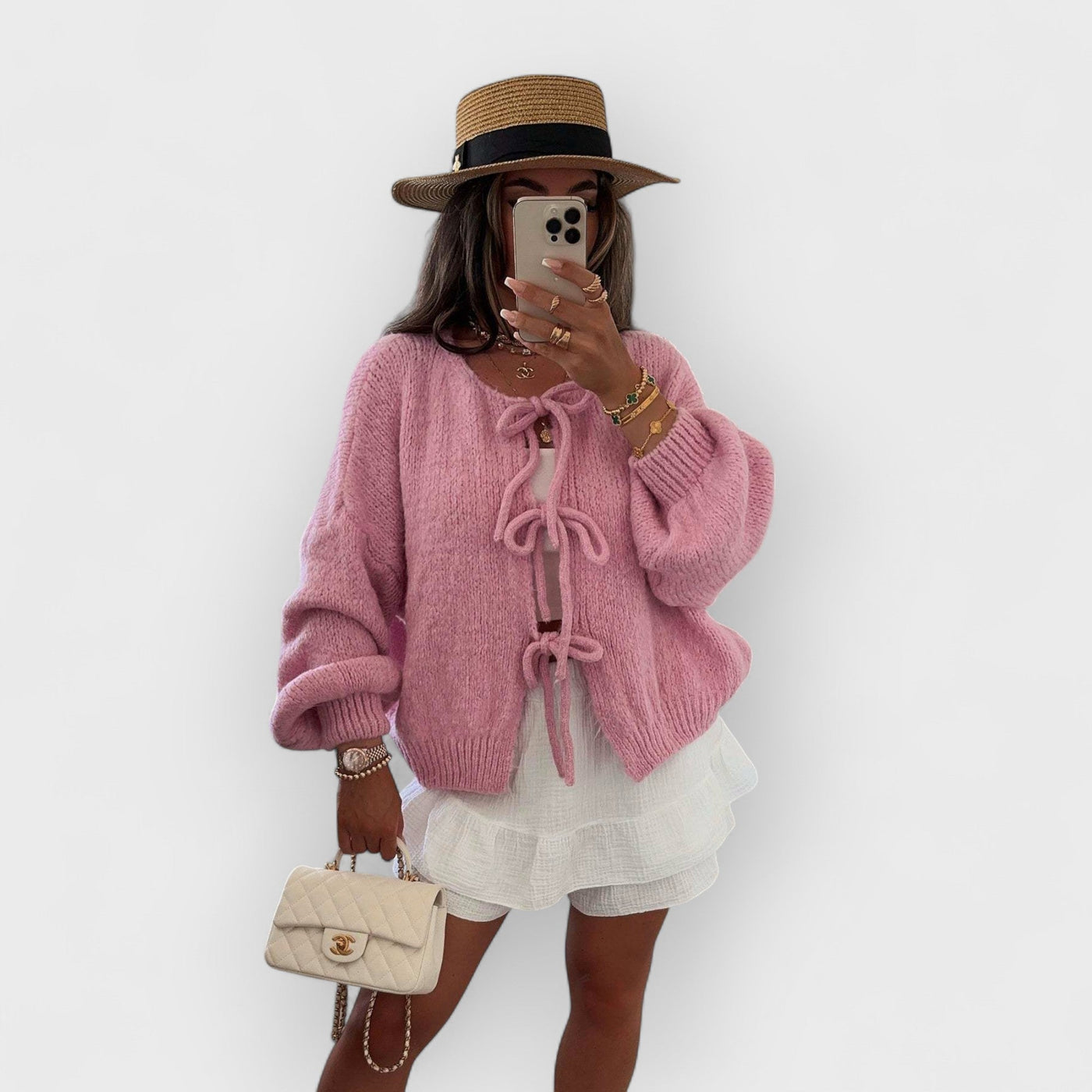 Solid Color Crew Neck Lace-Up Cardigan