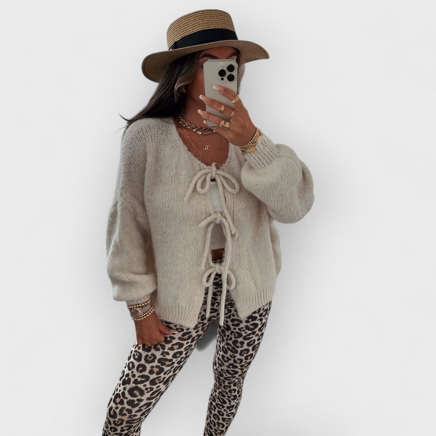 Solid Color Crew Neck Lace-Up Cardigan