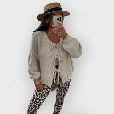 Solid Color Crew Neck Lace-Up Cardigan