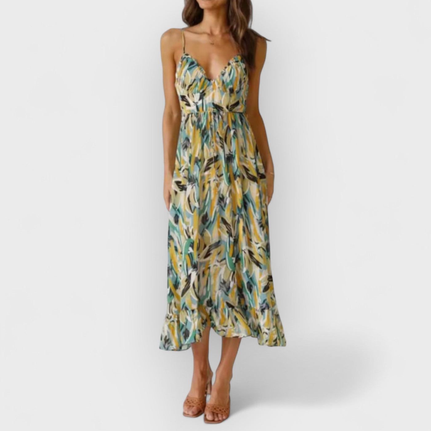Floral Ruffle-Trim Midi Tank Dress