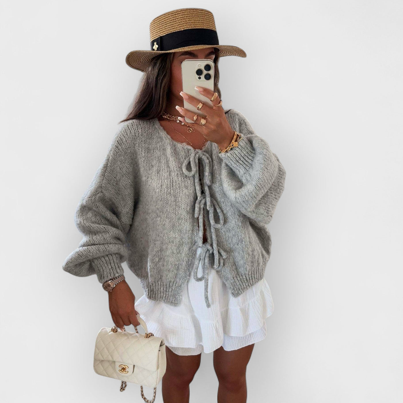 Solid Color Crew Neck Lace-Up Cardigan