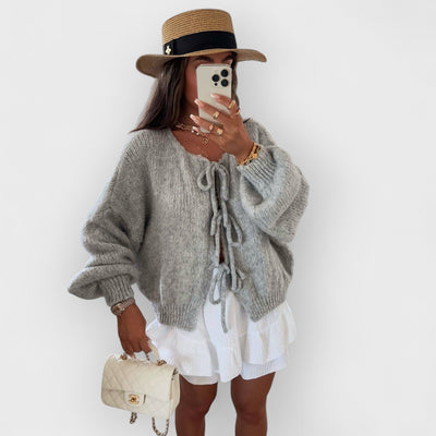 Solid Color Crew Neck Lace-Up Cardigan