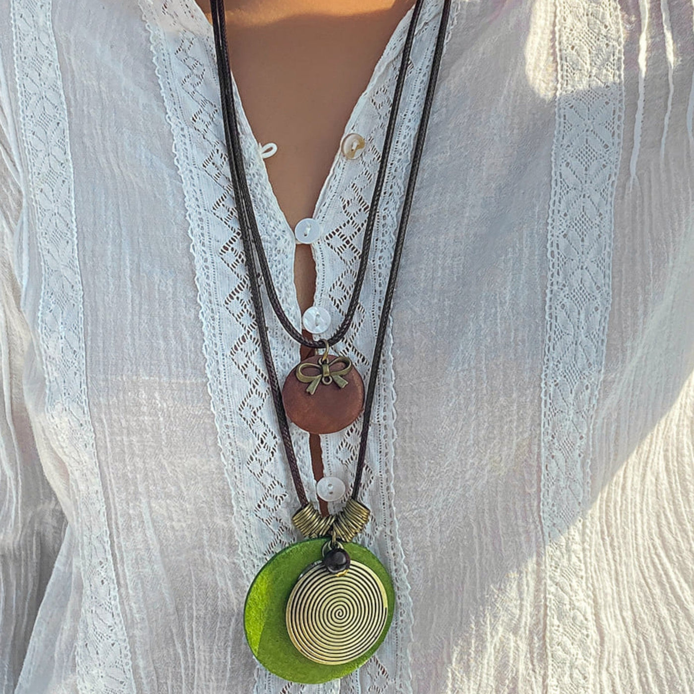 Wooden Disc Beaded Long Necklace