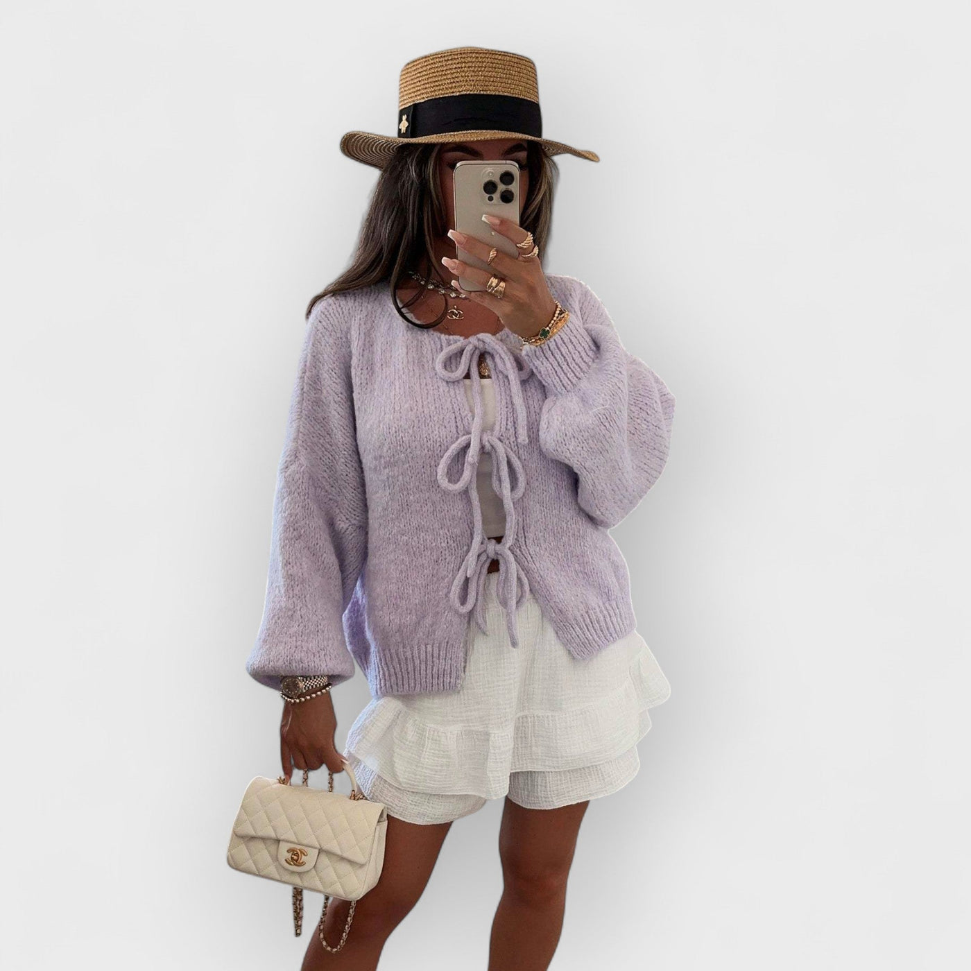 Solid Color Crew Neck Lace-Up Cardigan