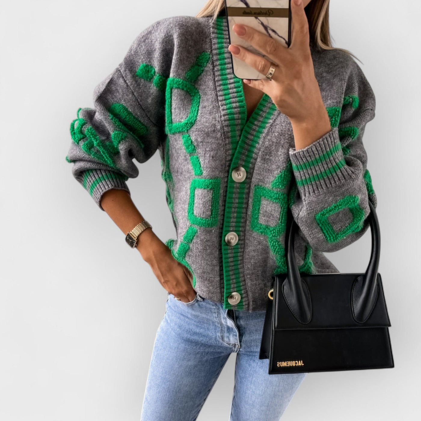 V-Neck Casual Color Contrast Knit Cardigan