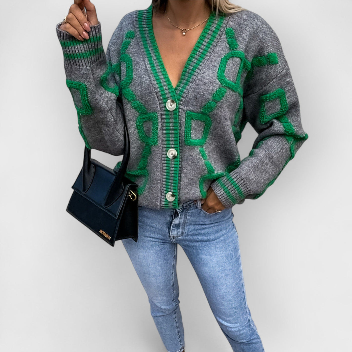 V-Neck Casual Color Contrast Knit Cardigan